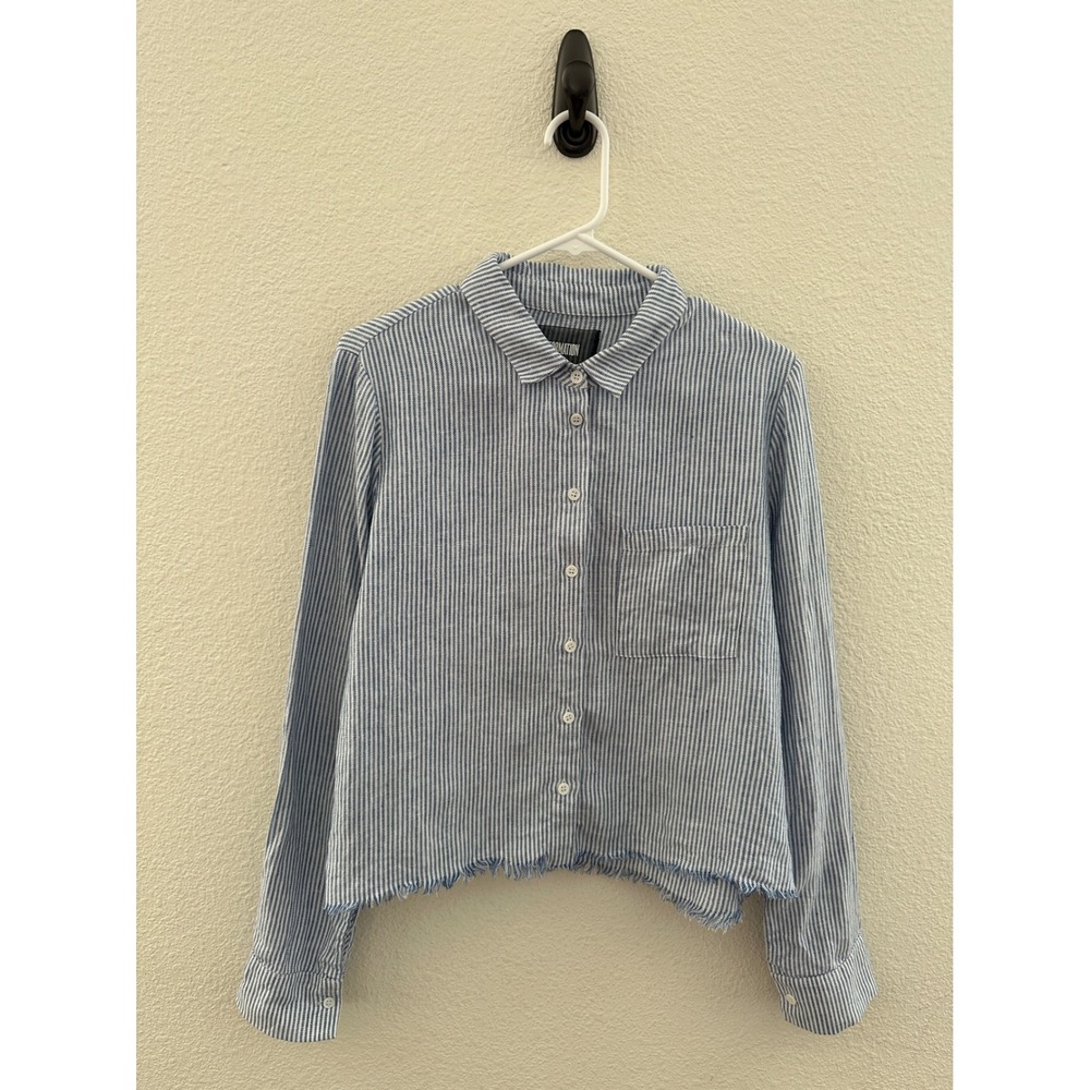 Reformation Button Down Shirt Blue Striped Raw Hem Long Sleeve Minimalist L